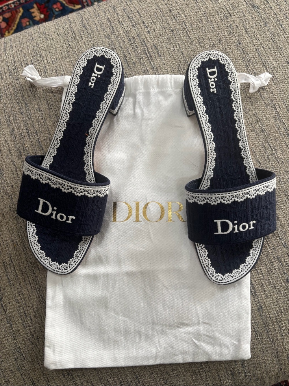 Dior Navy Slide Mules with White Lace Trim